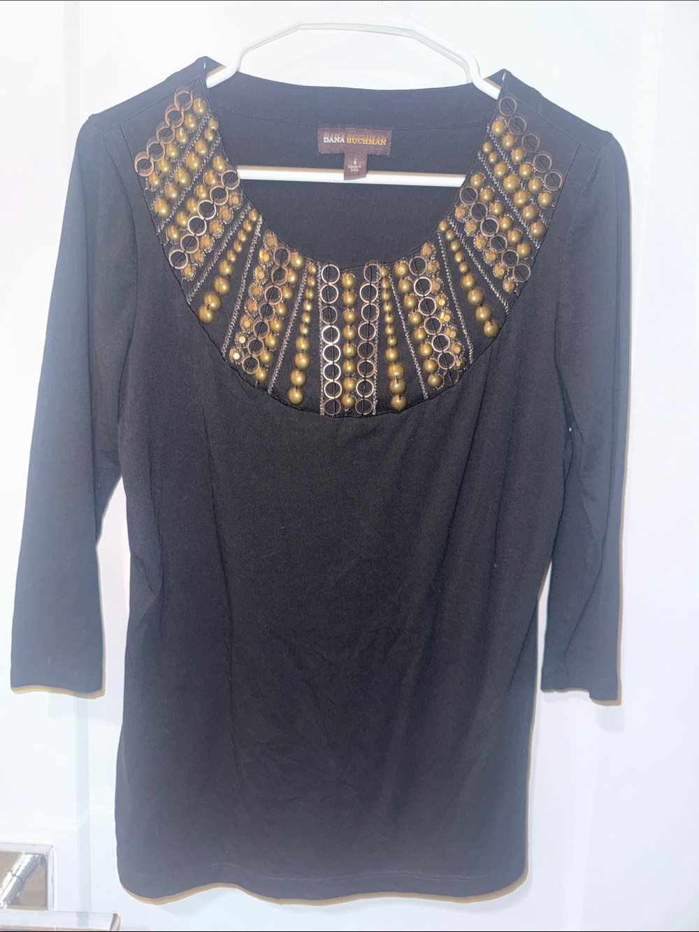 Dana Buchman Black Long Sleeve Top with Gold Beaded Collar
